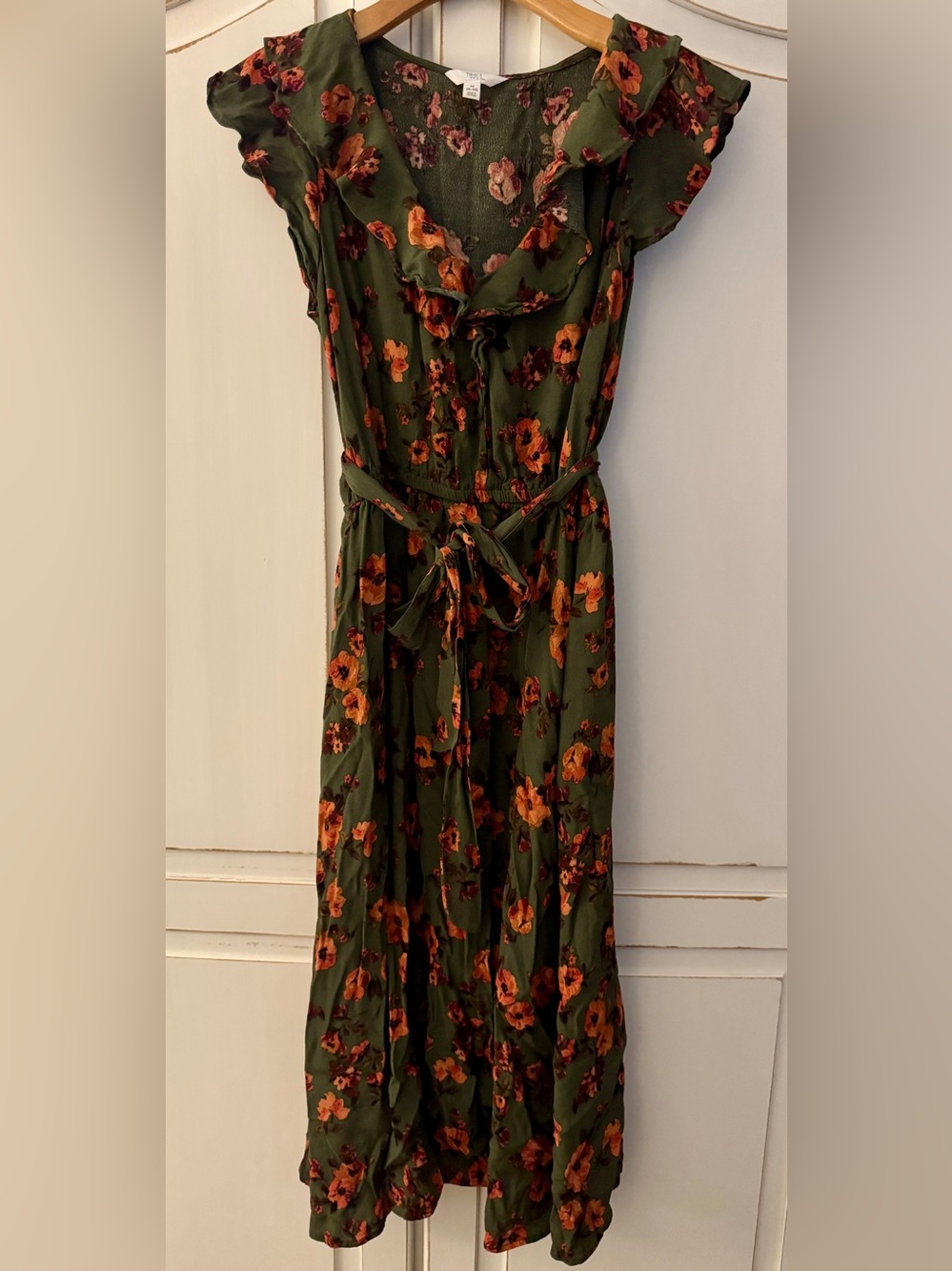 Time and Tru Olive Green Floral Tie-Waist Maxi Dress